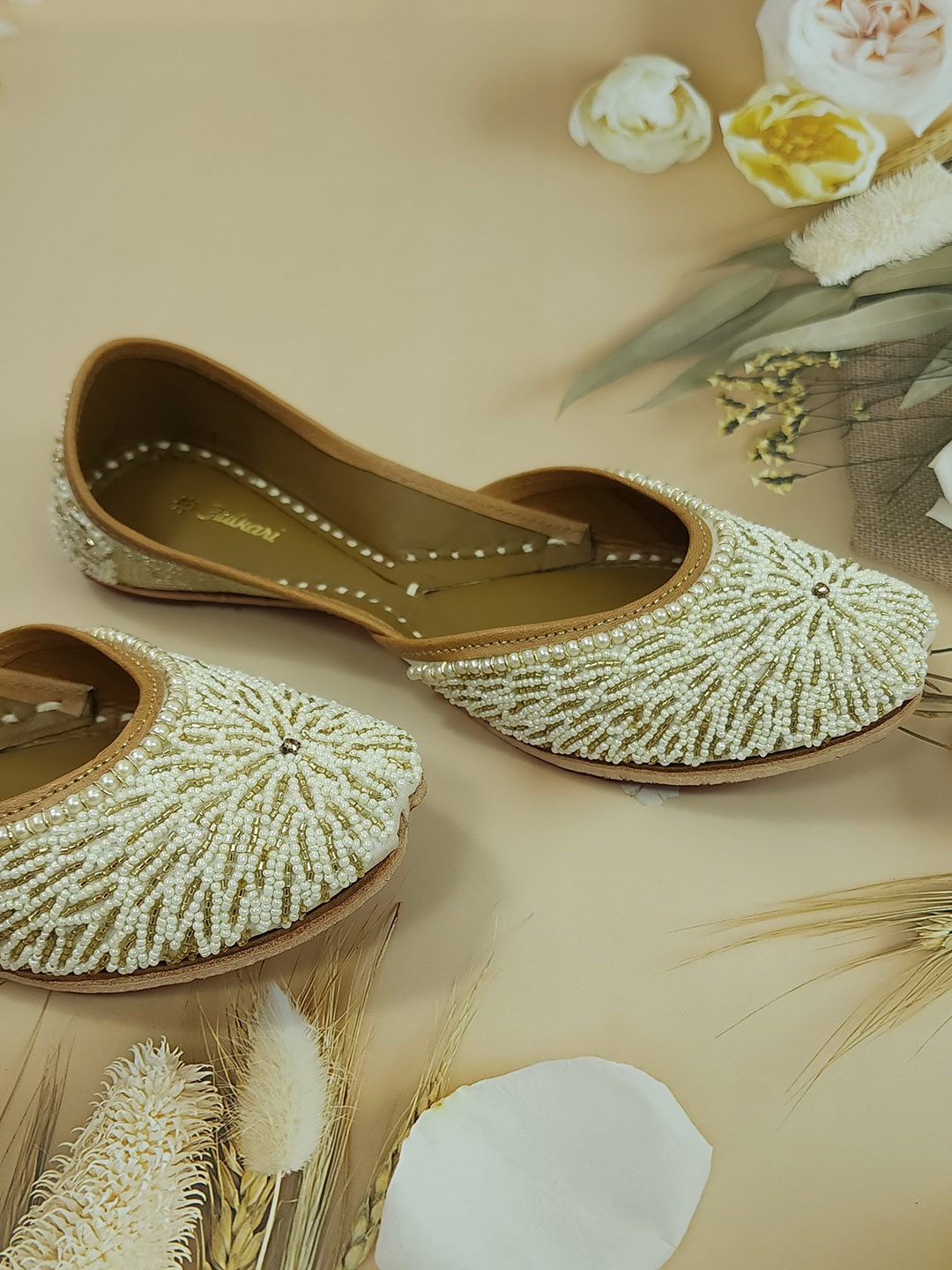 

Fulkari Ethnic Embellished Square Toe Leather Mojaris, Beige