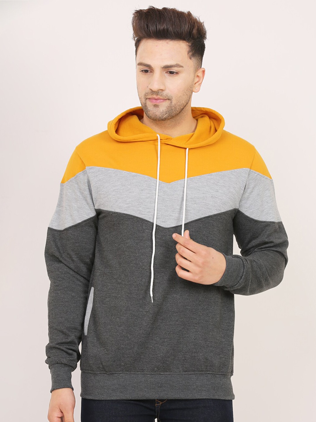 

Leotude Men Mustard Colourblocked Hooded Sweatshirt