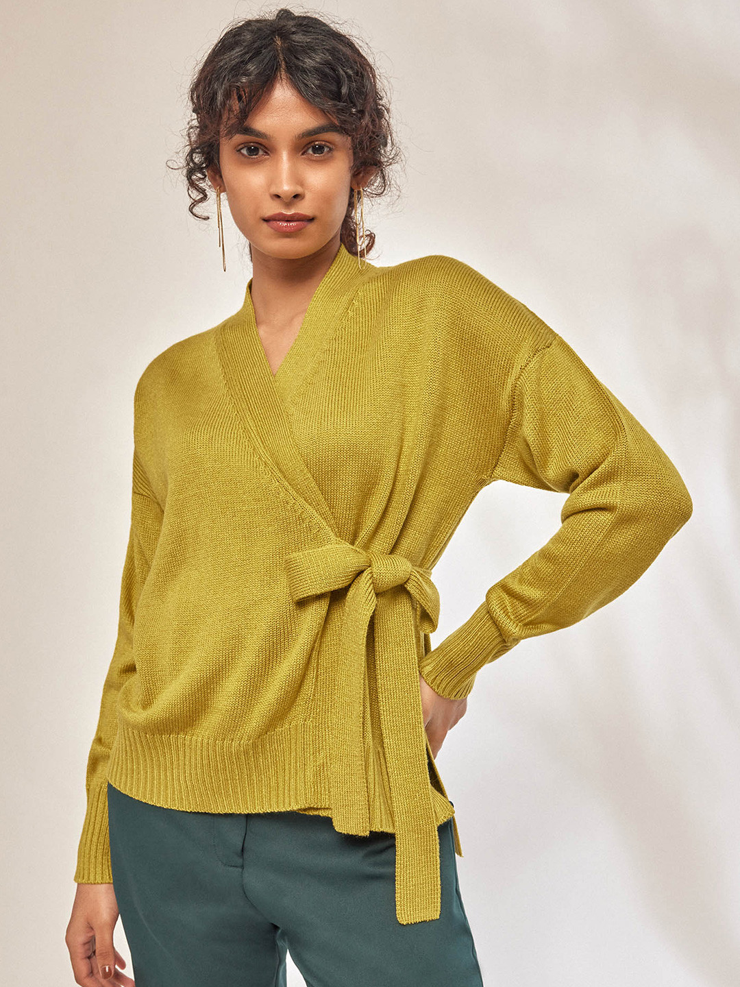 

The Label Life V-Neck Long Sleeves Tie Ups Wrap Top, Yellow