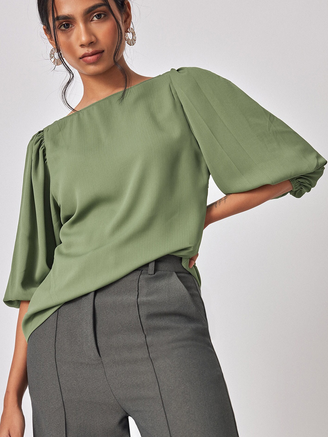 The Label Life Round Neck Puff Sleeves Top, Green