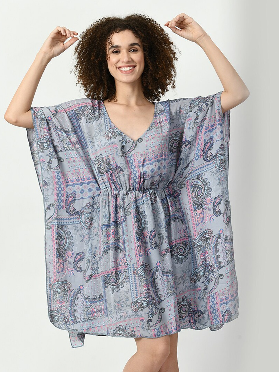 

Legit Affair Ethnic Motifs Printed V-Neck Kaftan Nightdress, Grey