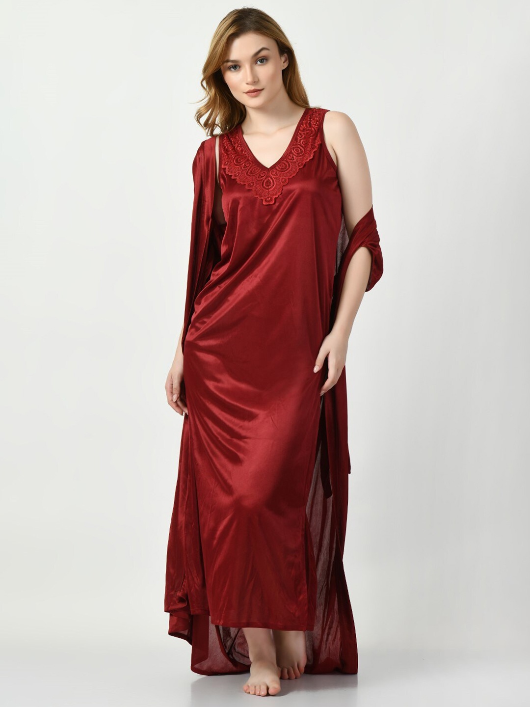 

Legit Affair V-Neck Satin Nightdress With Robe, Maroon