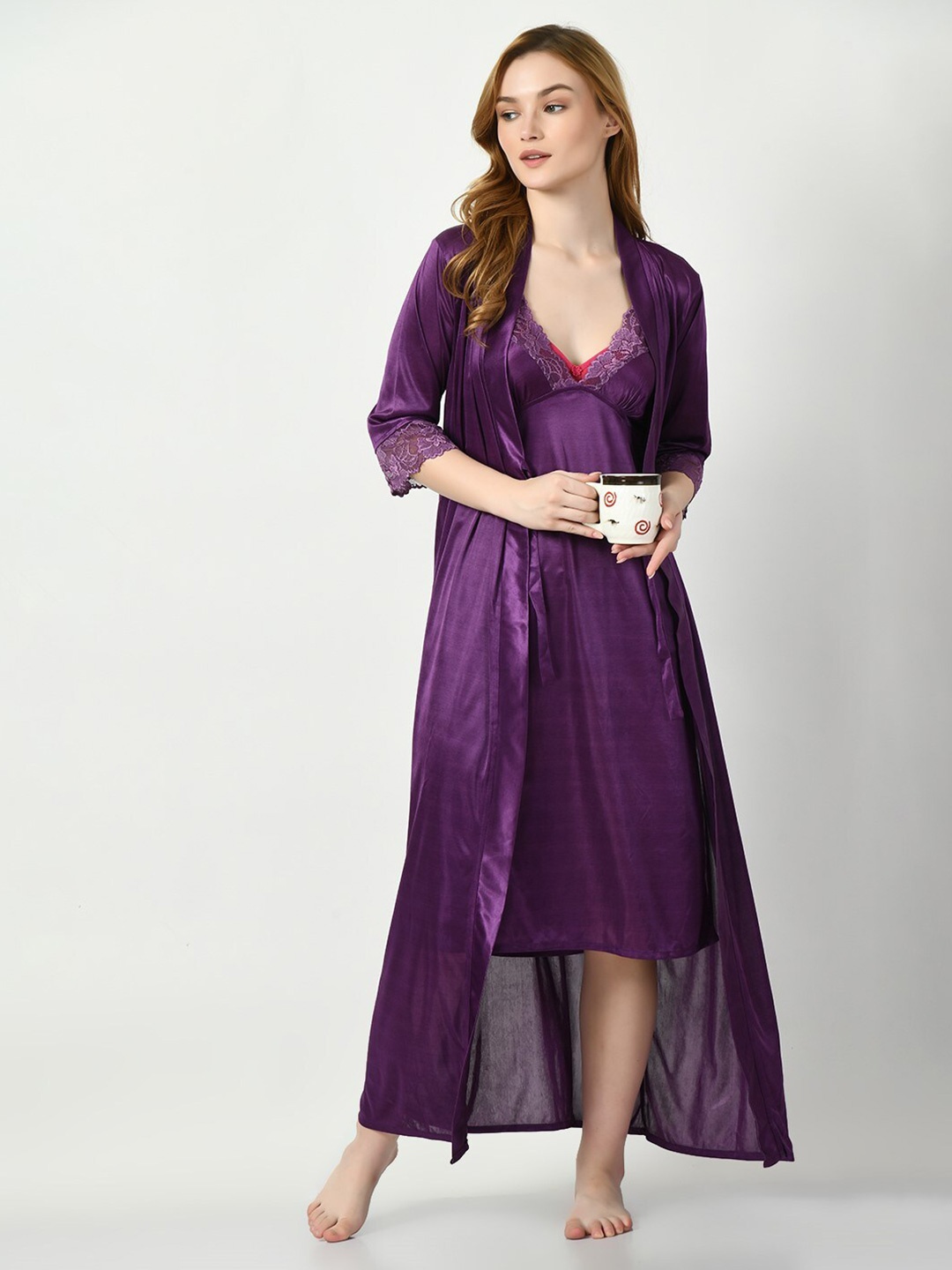 

Legit Affair Knee Length Satin Nightdress With Robe, Purple