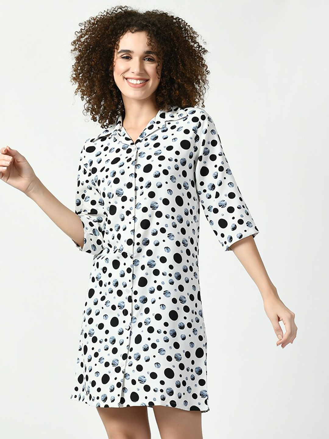 

Legit Affair Polka Dot Printed Shirt Nightdress, Black