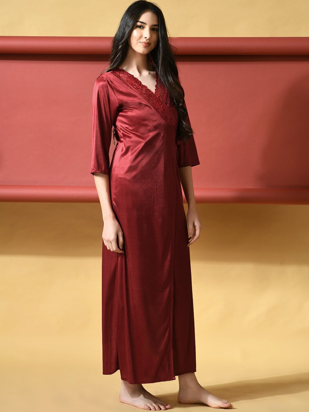 

Legit Affair V-Neck Satin Wrap Nightdress, Maroon