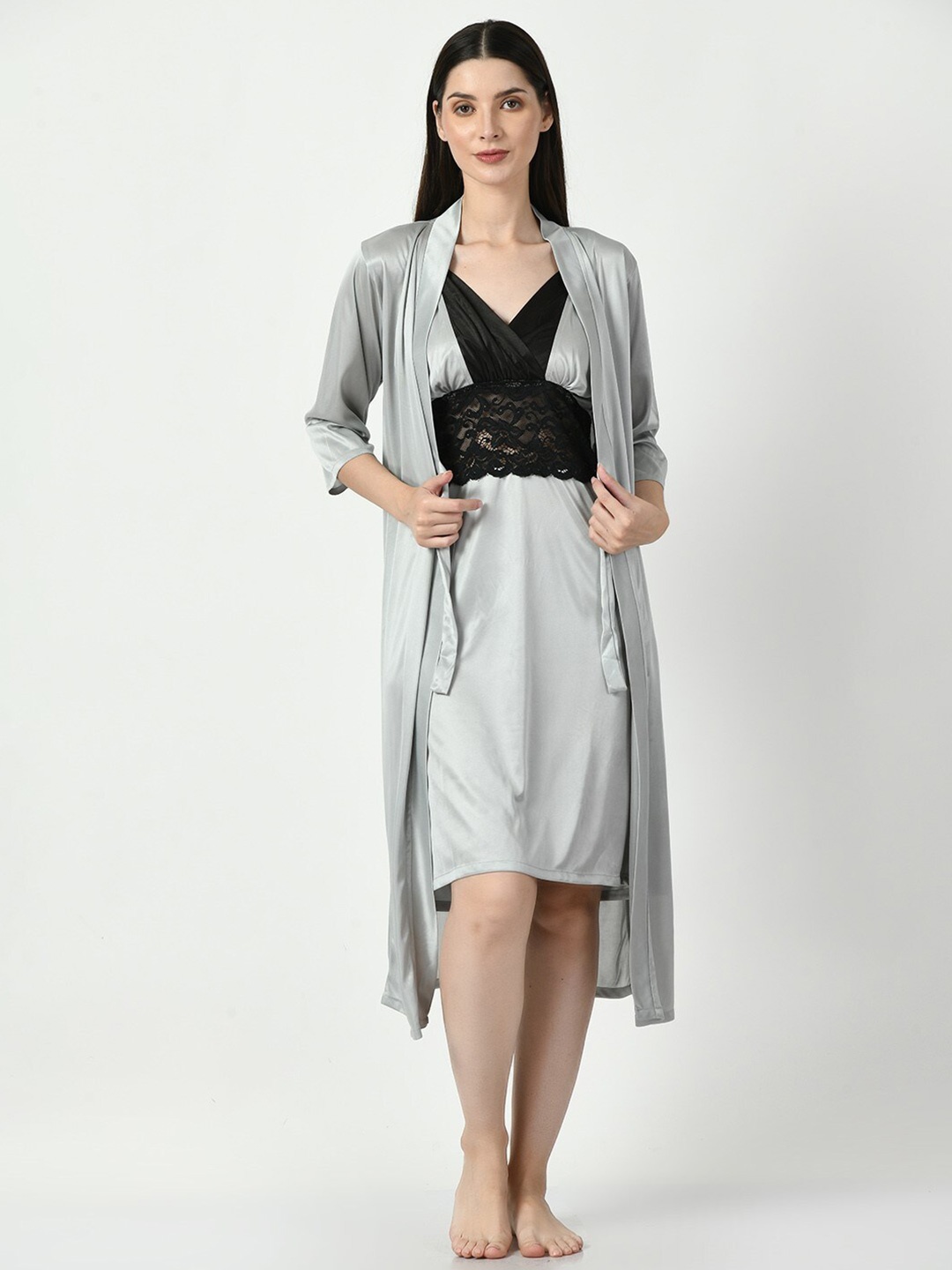 

Legit Affair Shoulder Straps Satin Nightdress With Robe, Grey
