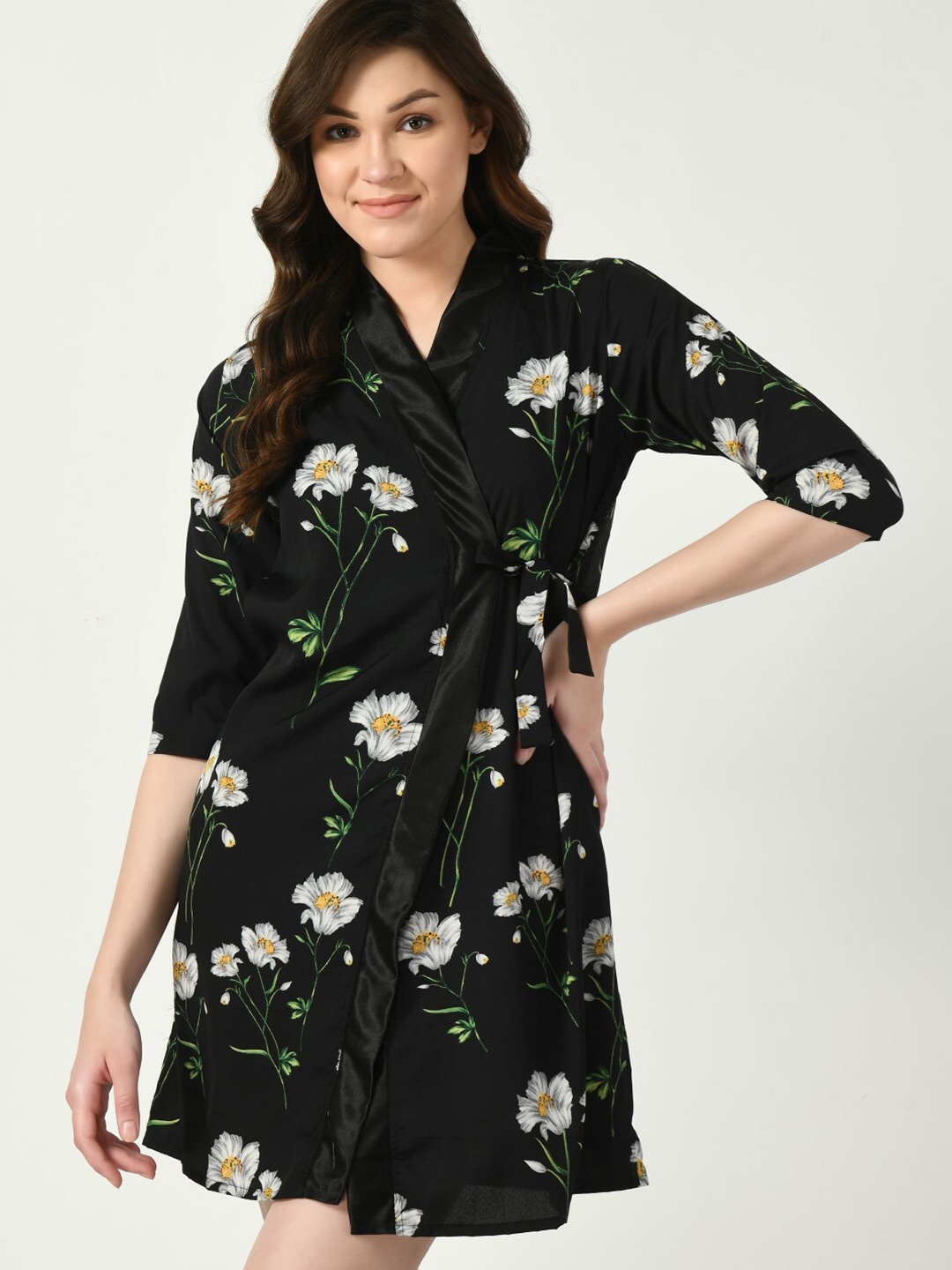 

Legit Affair Floral Printed Satin Nightdress, Black