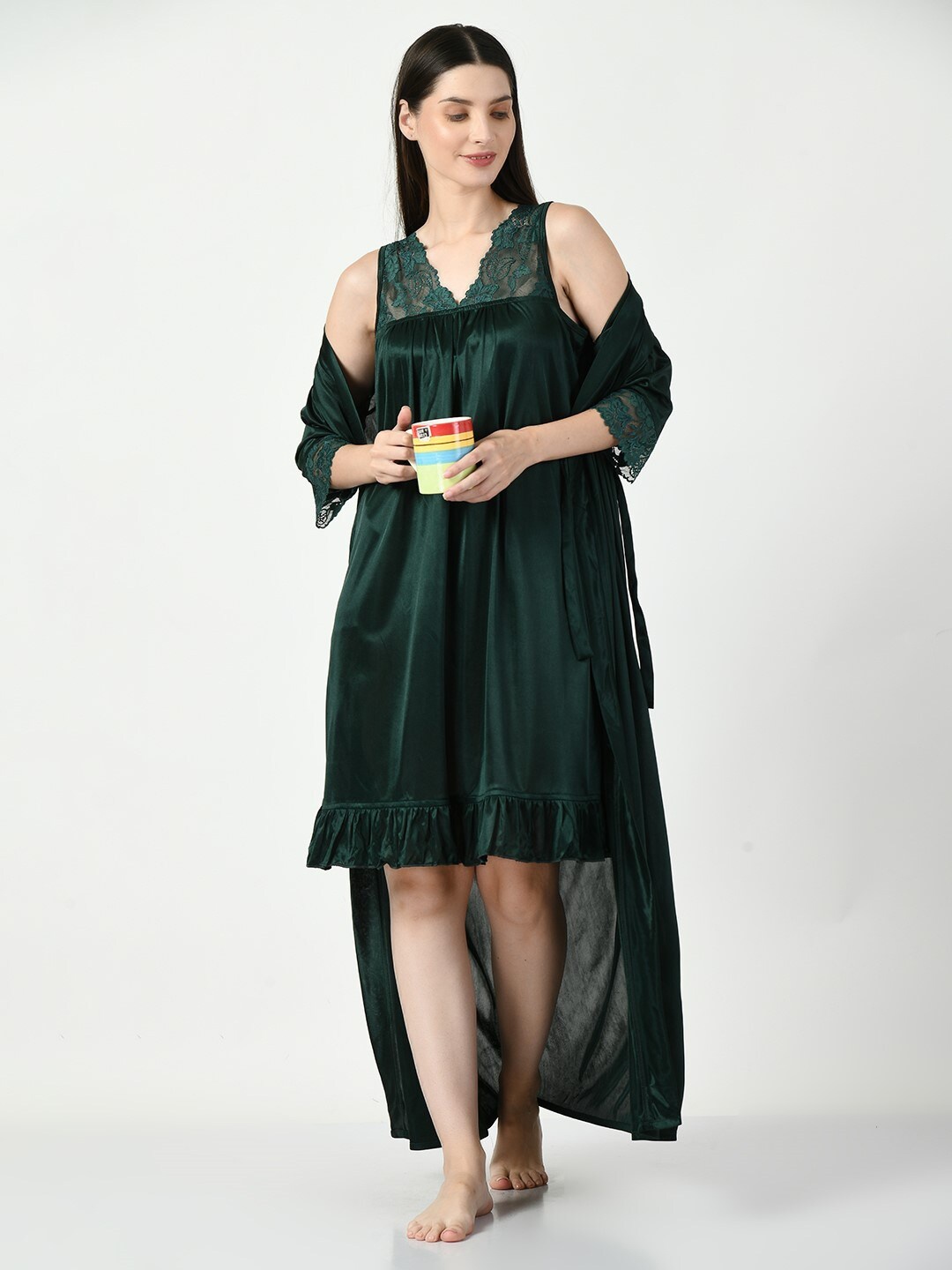 

Legit Affair Self Design Nightdress With Robe, Green