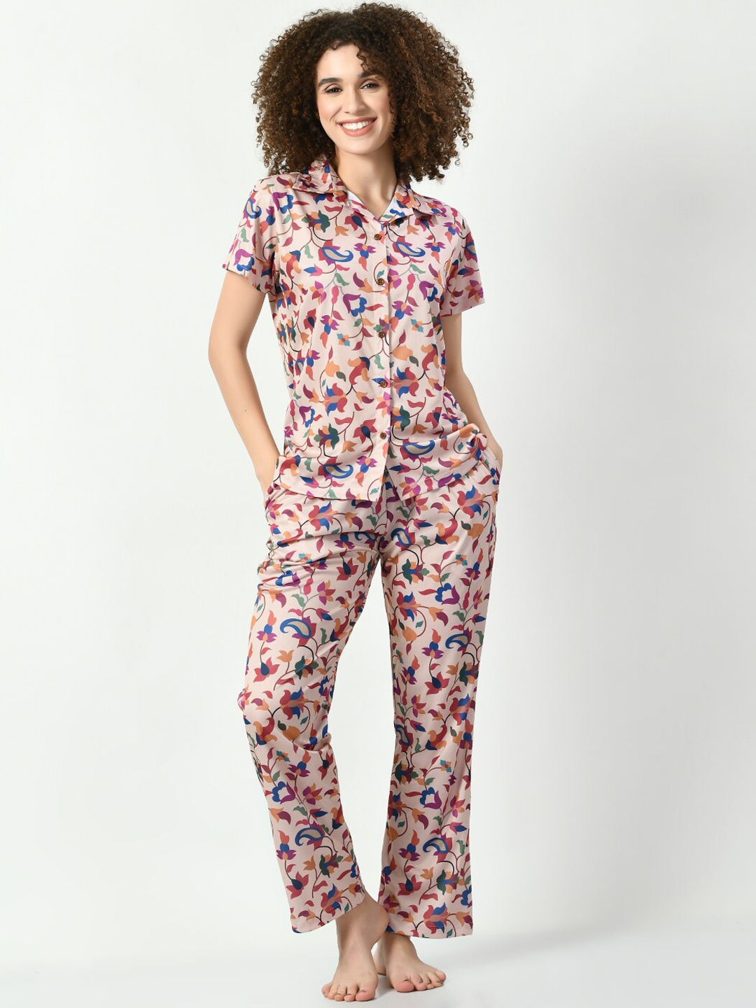 

Legit Affair Floral Printed Shirt Collar Shirt & Pyjama, Pink