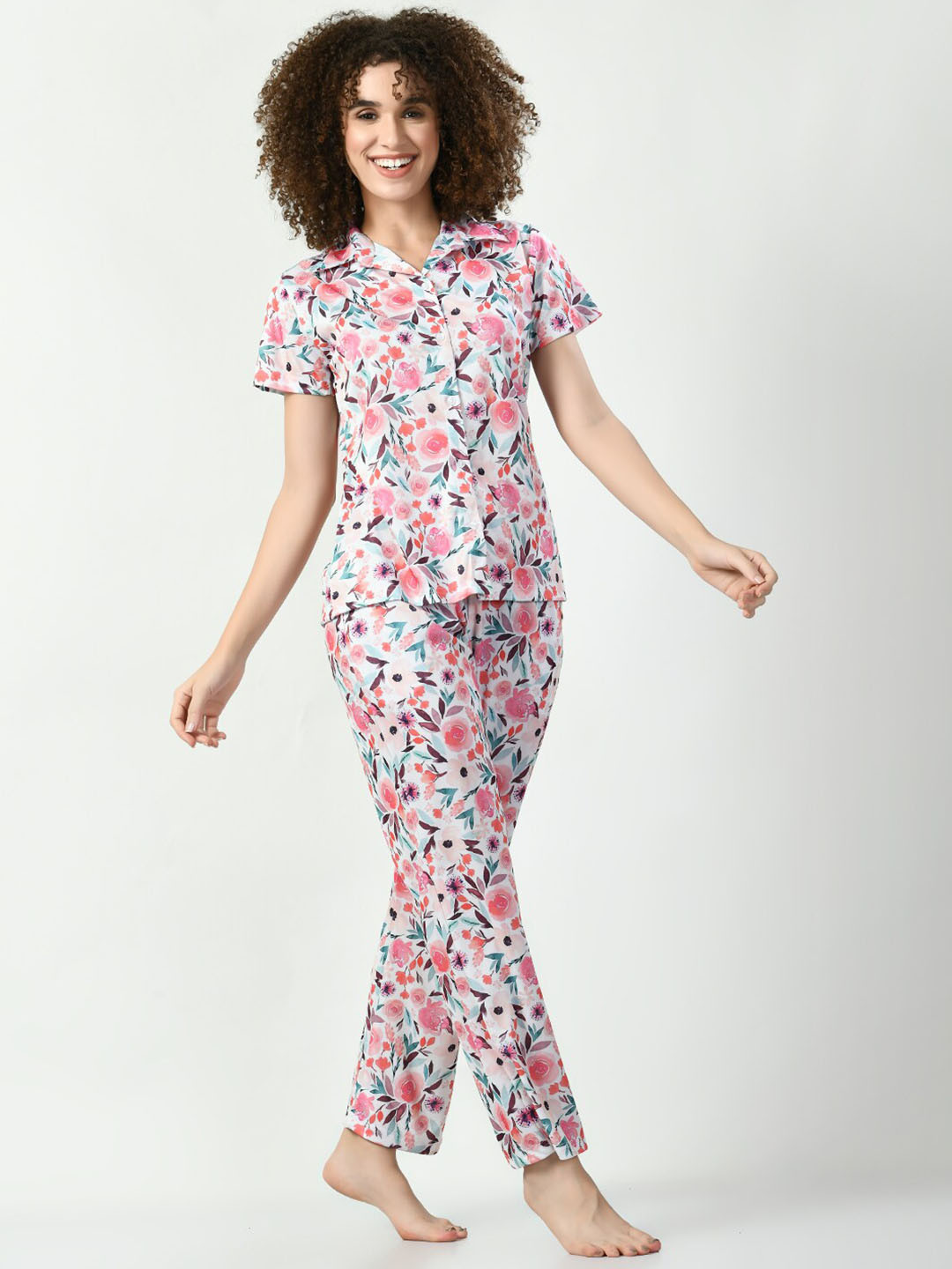 

Legit Affair Floral Printed Shirt Collar Shirt & Pyjama, White
