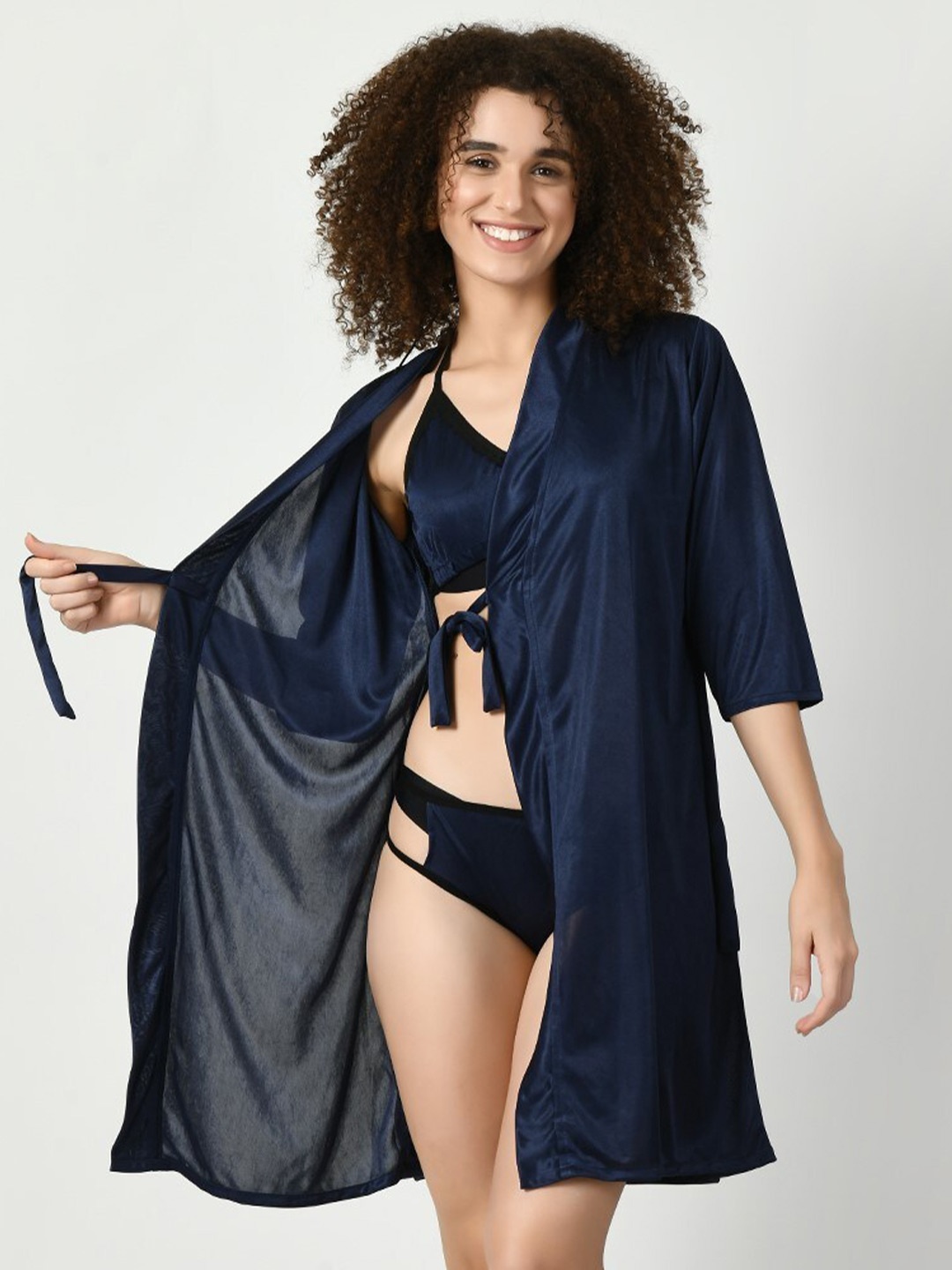 

Legit Affair Above Knee Length Satin Wrap Nightdress, Blue
