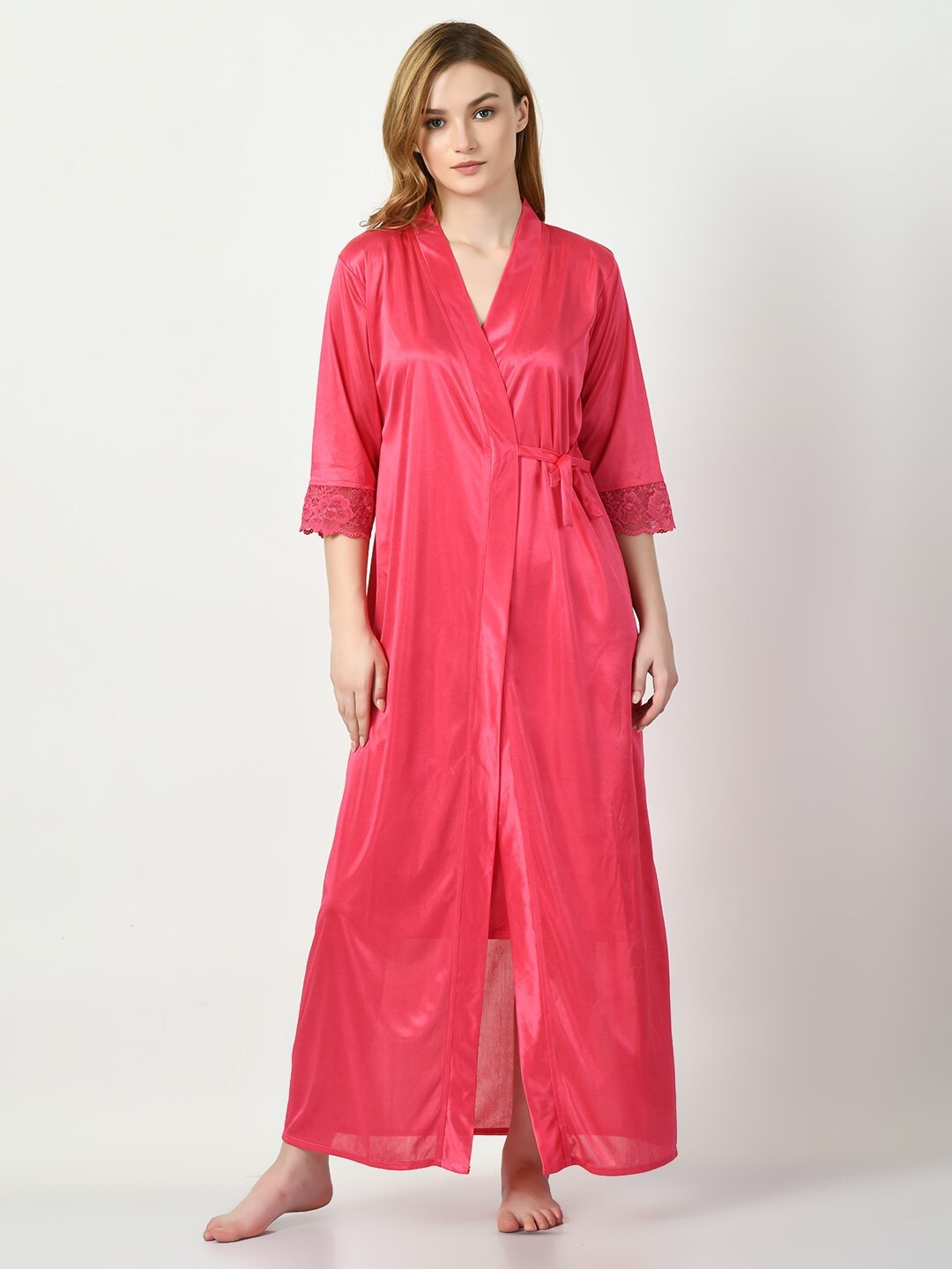 

Legit Affair Shoulder Straps Satin Nightdress With Robe, Pink
