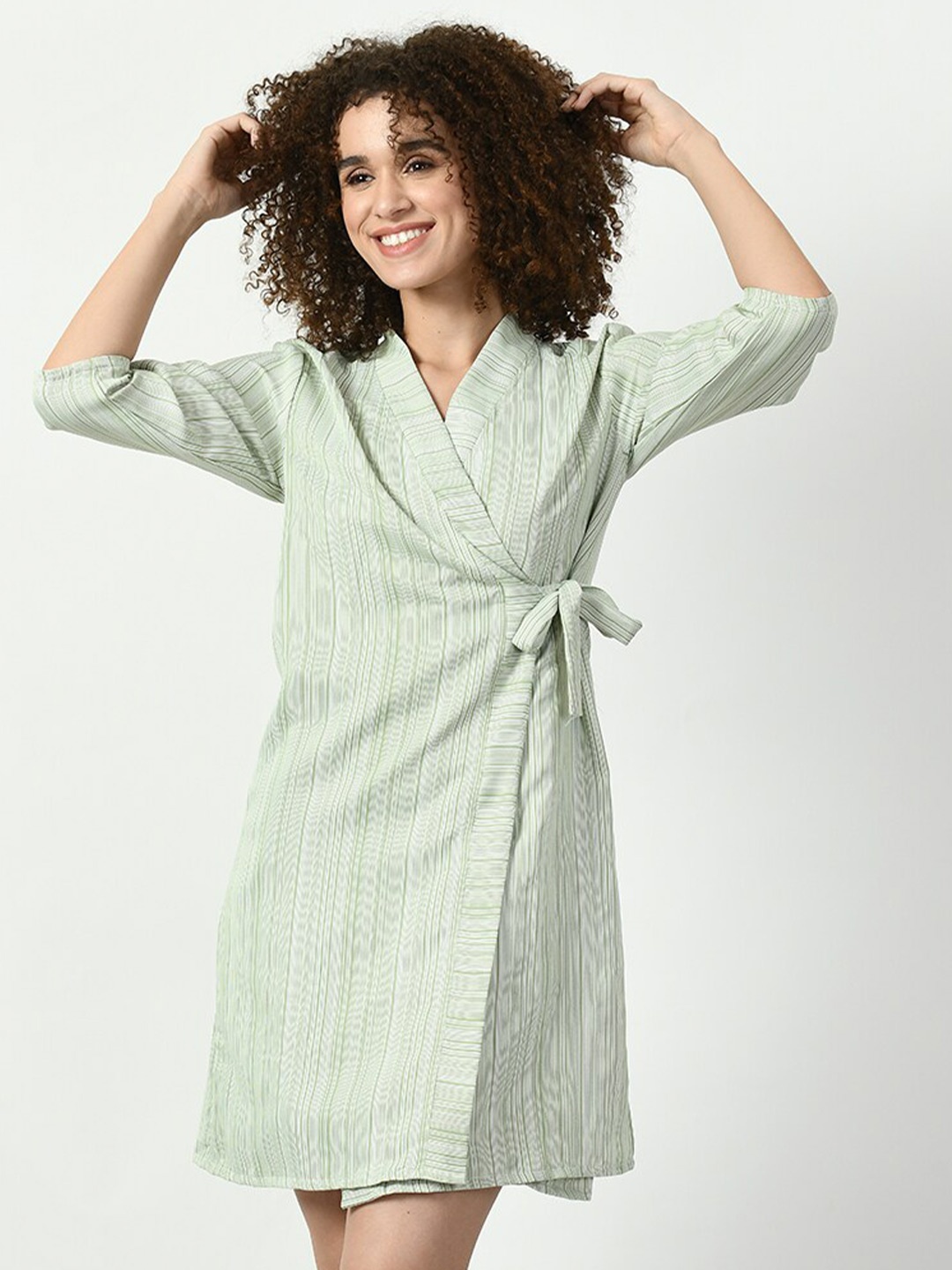 

Legit Affair Striped Shoulder Straps Nightdress With Robe, Green