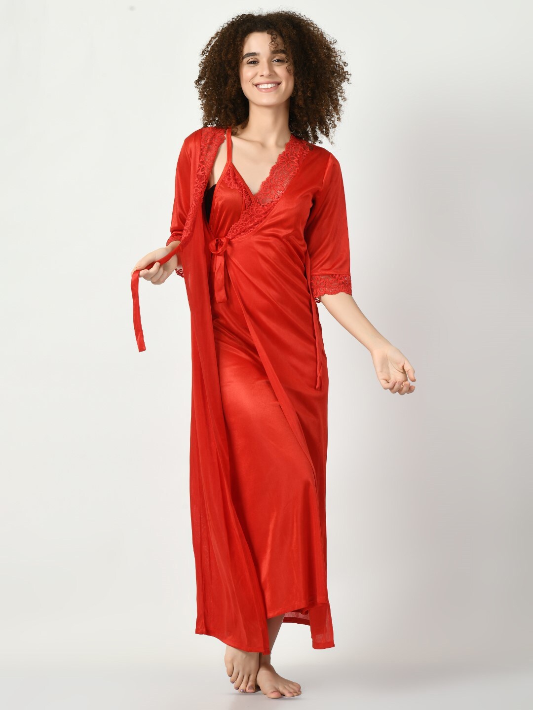 

Legit Affair V-Neck Satin Nightdress With Robe, Red