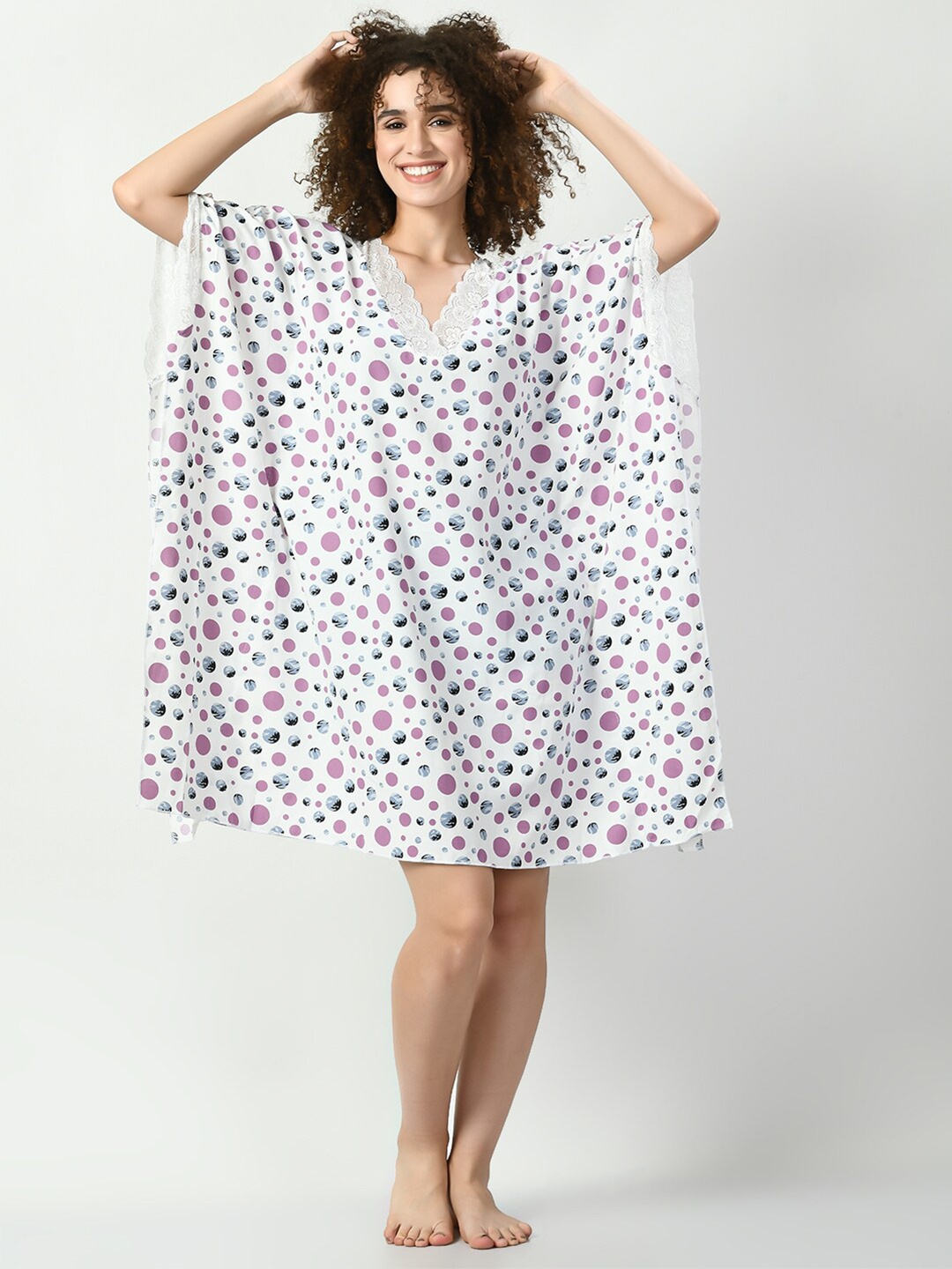

Legit Affair Polka Dots Printed V-Neck Kaftan Nightdress, Mauve