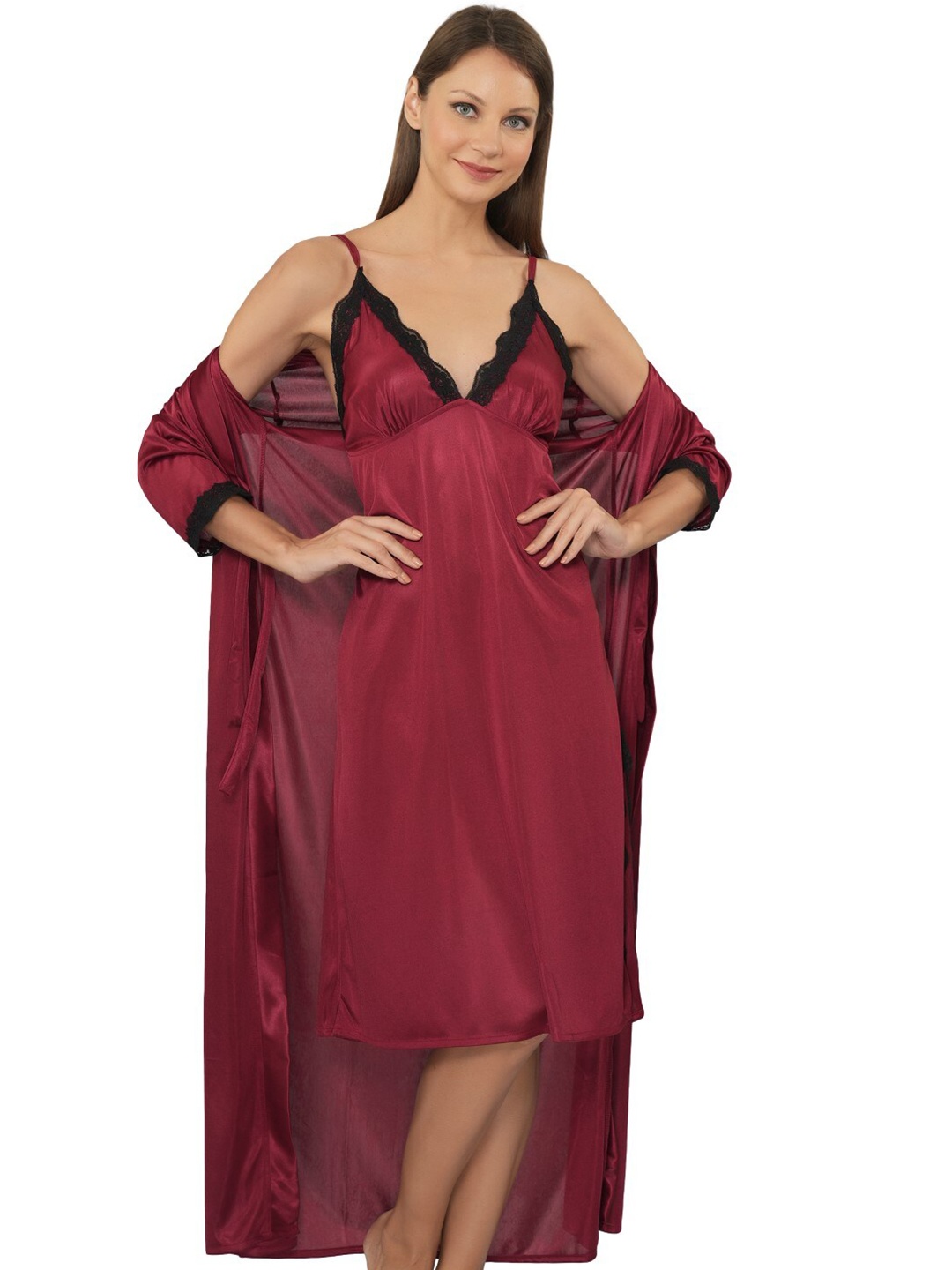 

Legit Affair Lace 2 Piece Satin Nightdress, Maroon