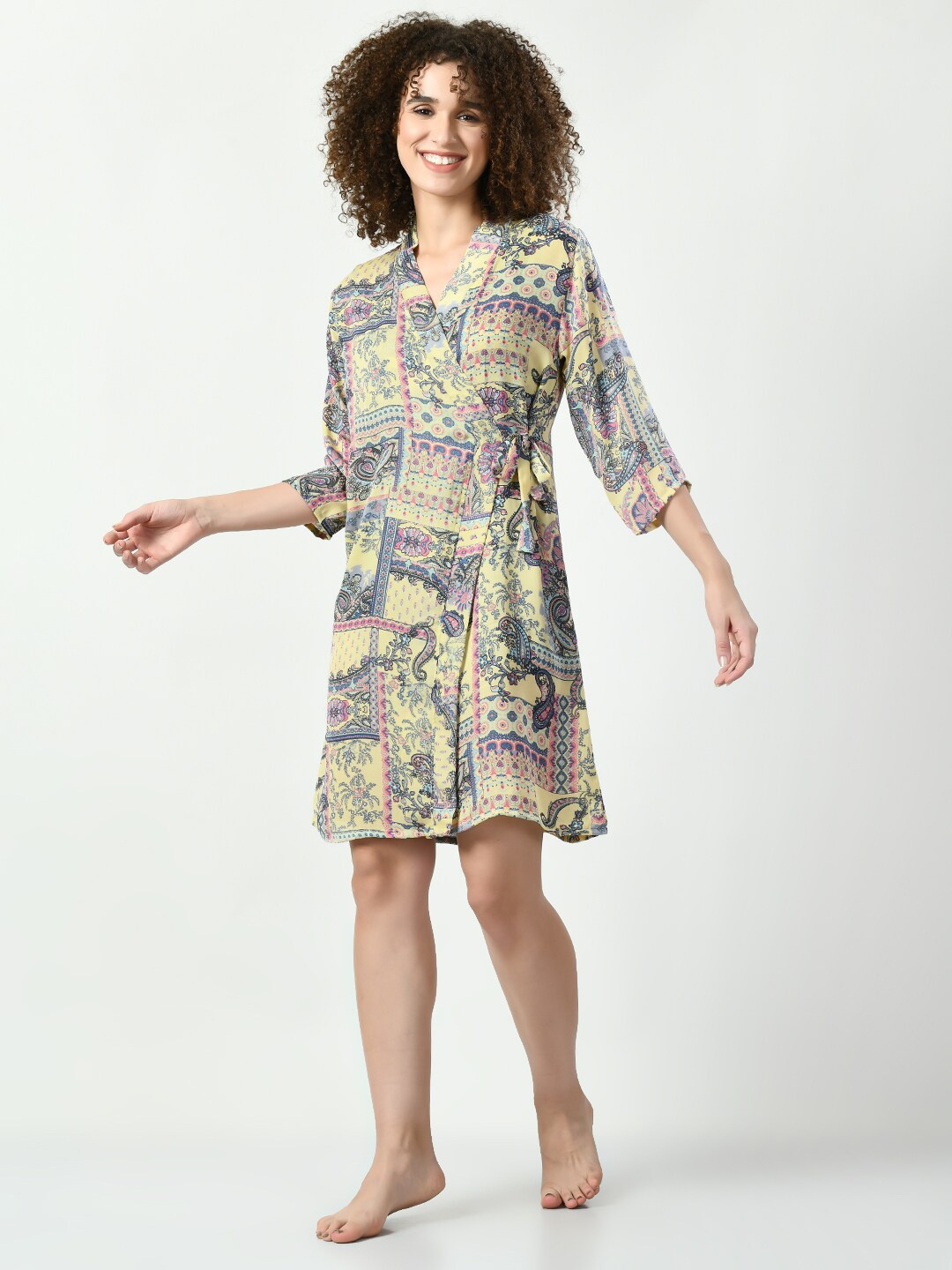 

Legit Affair Ethnic Motifs Printed Wrap Nightdress, Yellow