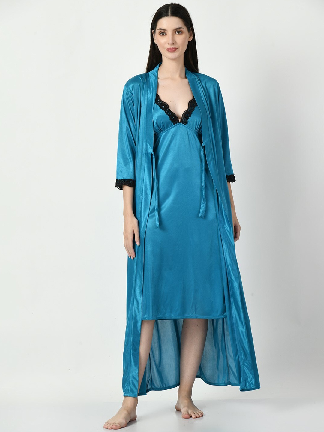 

Legit Affair Shoulder Straps Satin Nightdress With Robe, Blue