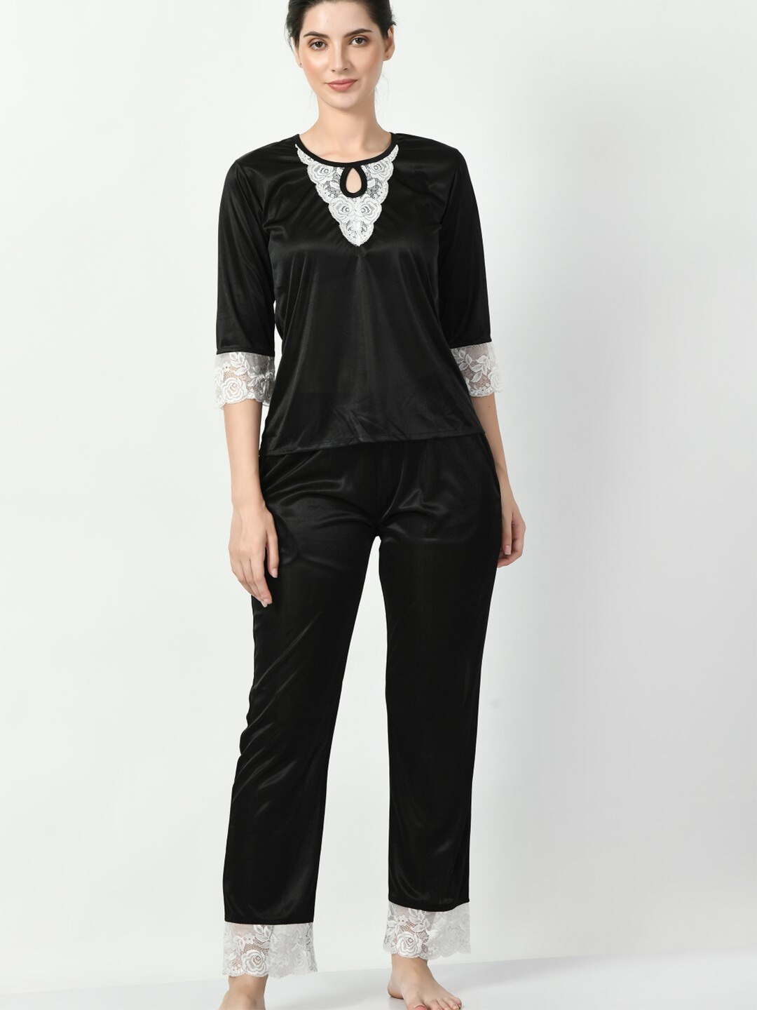 

Legit Affair Key Hole Neck Satin Night Suit, Black