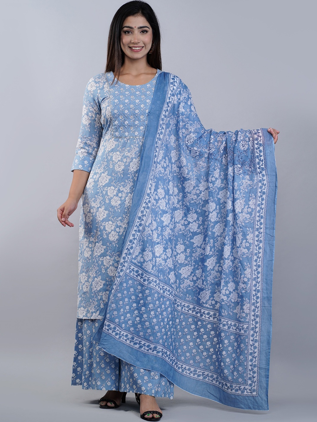 

DHROOV TARA Floral Printed Pure Cotton Straight Kurta & Sharara With Dupatta, Blue