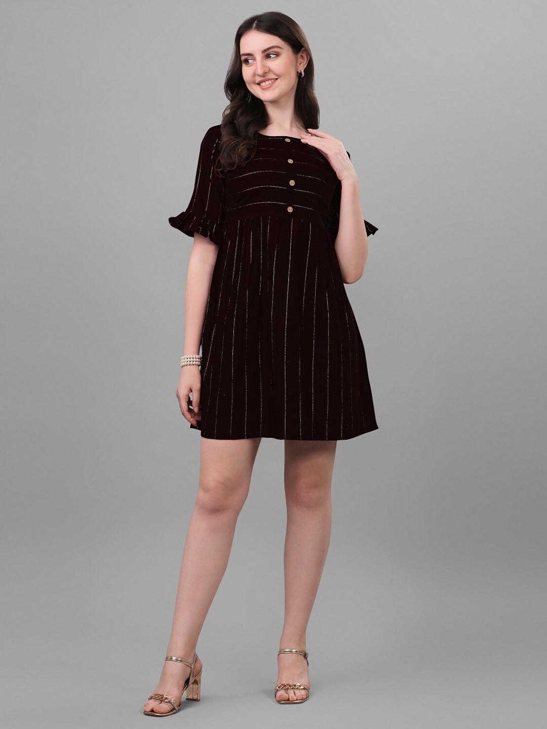 

Anouk Black Striped Bell Sleeves Gathered Detailed Cotton A-Line Dress