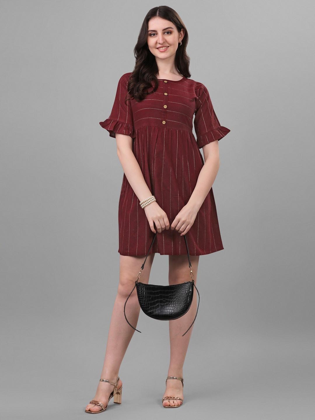 

Anouk Maroon Striped Bell Sleeves Gathered Detailed Cotton A-Line Dress