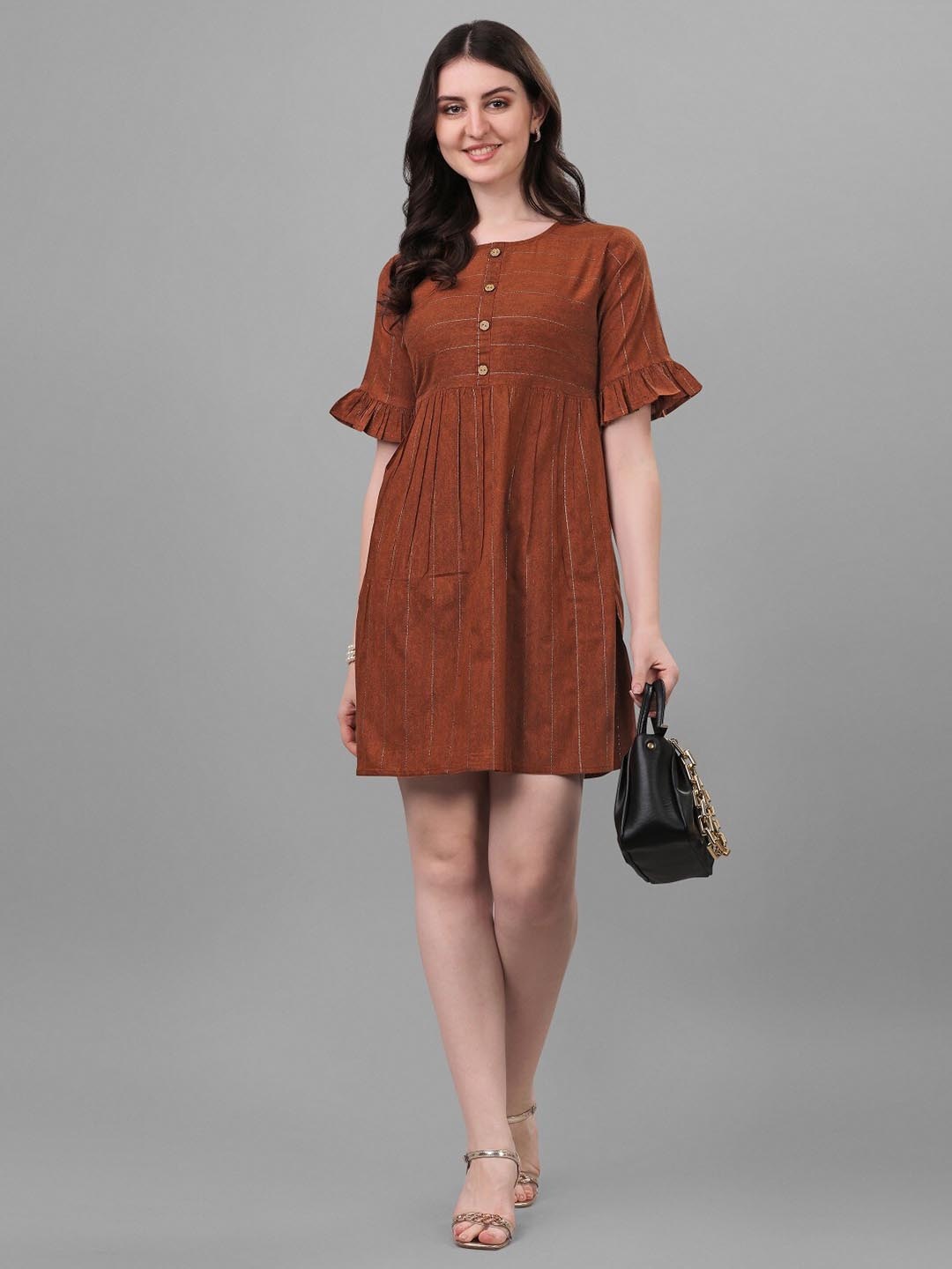 

Anouk Orange-Coloured Striped Bell Sleeves Gathered Detailed Cotton A-Line Dress