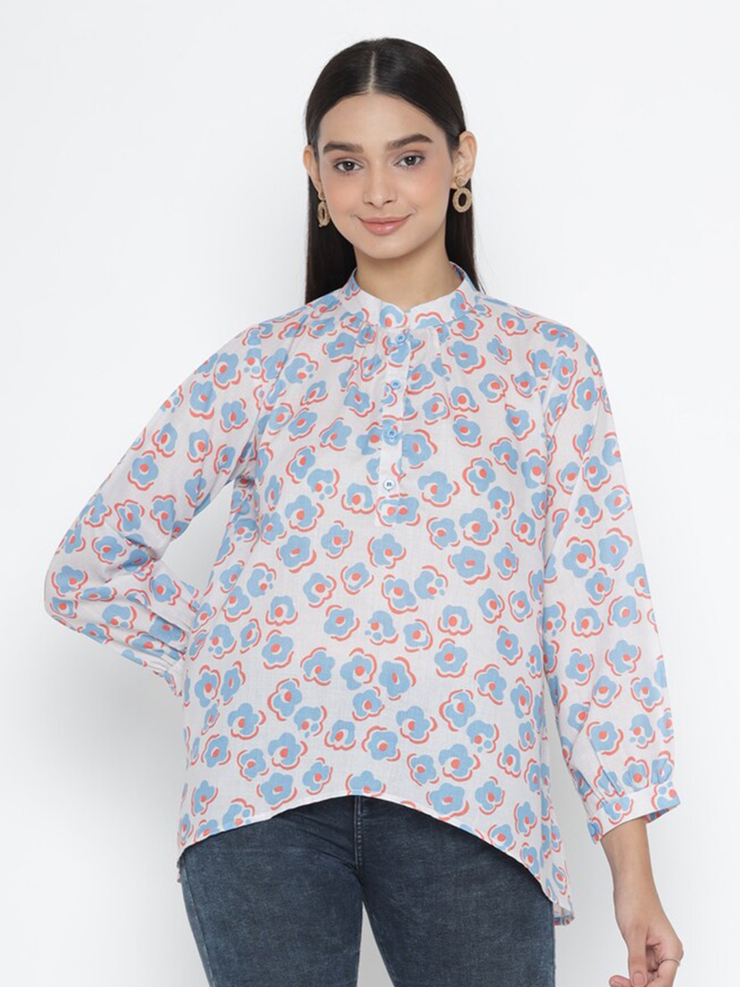 

OCTICS Floral Printed Band Collar Cotton Shirt Style Top, White