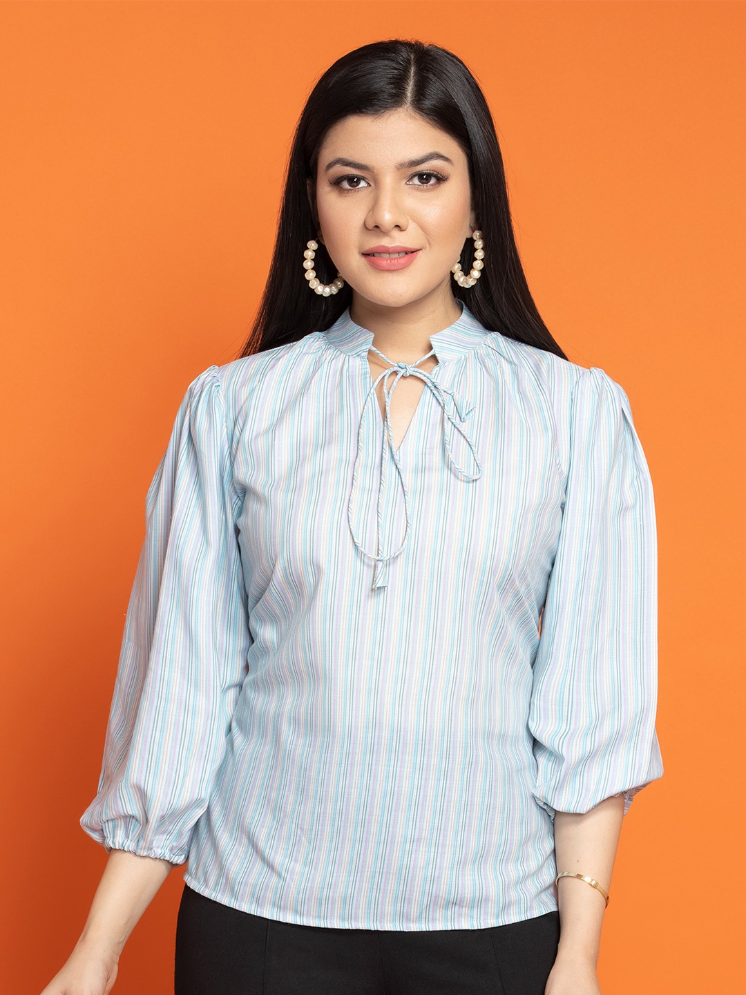 

OCTICS Striped Tie-Up Neck Puff Sleeves Top, Blue