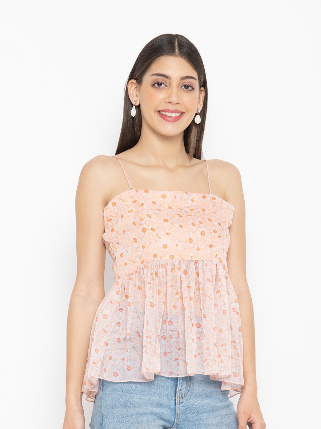

OCTICS Floral Printed Shoulder Strap A-Line Top, Peach