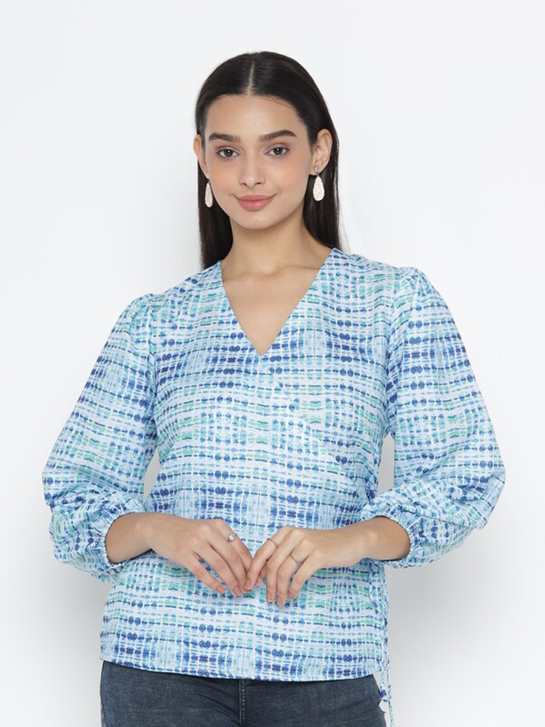 

OCTICS Printed Puff Sleeve Wrap Top, White