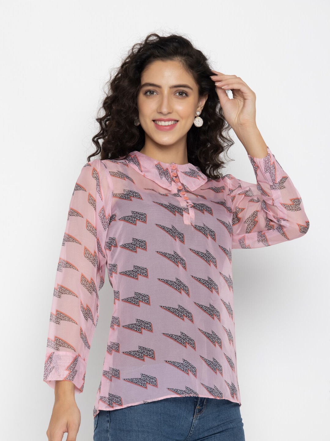 

OCTICS Animal Printed Shirt Collar Organza Top, Pink