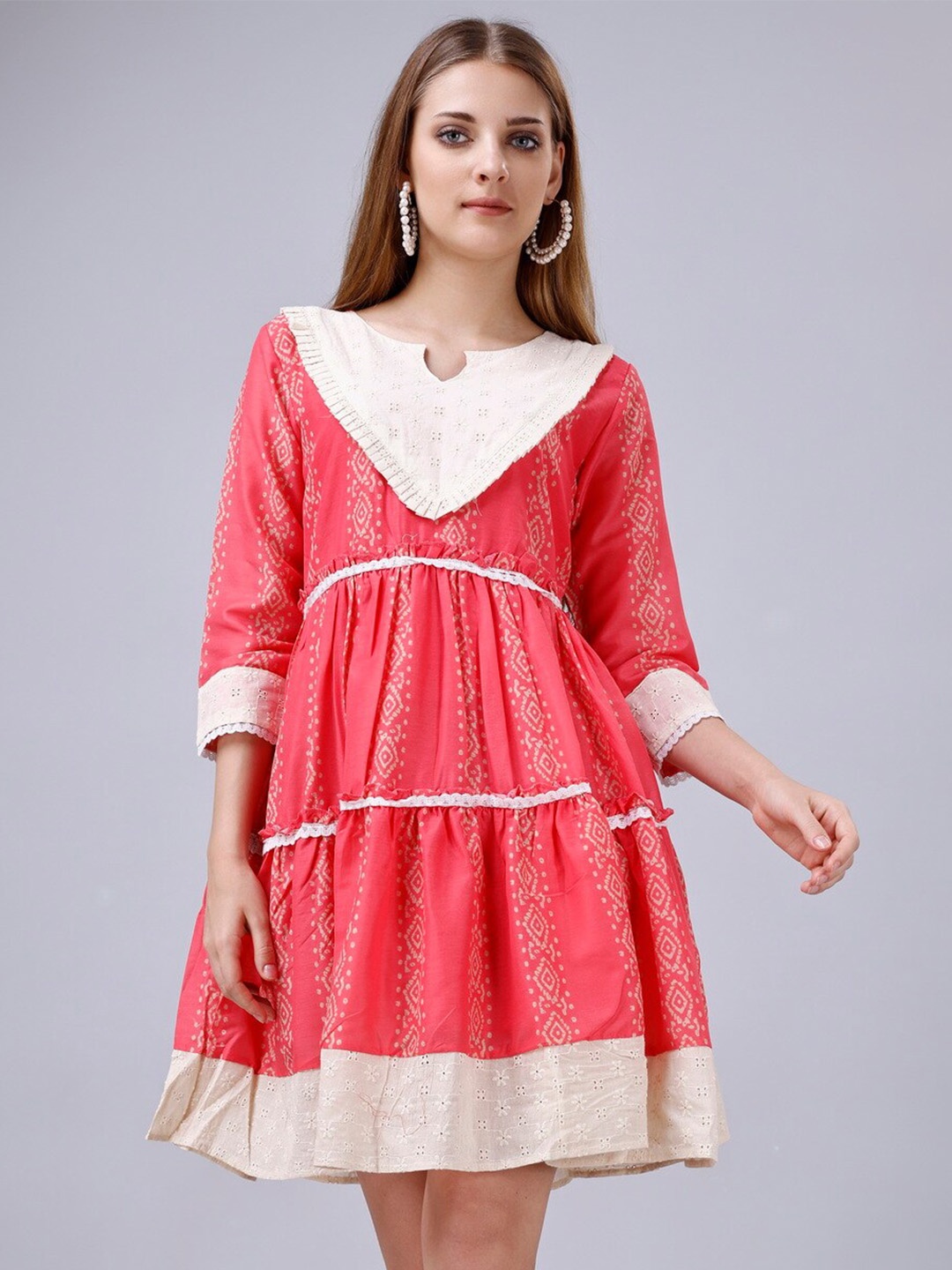 

KALINI Ethnic Motifs Printed Round Neck Gathered Tiered Cotton A-Line Dress, Pink