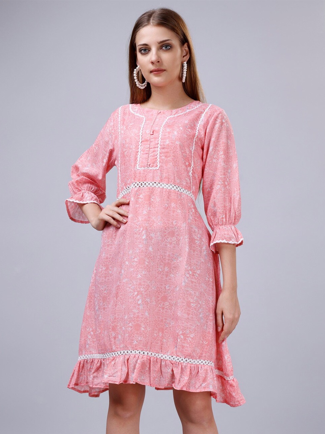 

KALINI Ethnic Motifs Printed Puff Sleeves Lace Inserts Cotton Fit & Flare Dress, Pink