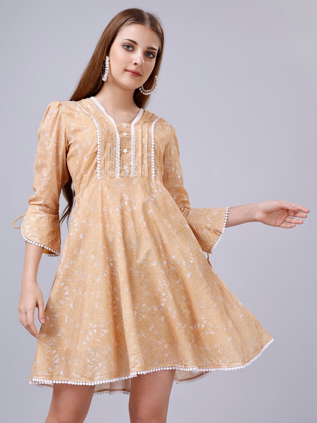 

KALINI Floral Printed V-Neck Bell Sleeves Pure Cotton A-Line Dress, Yellow