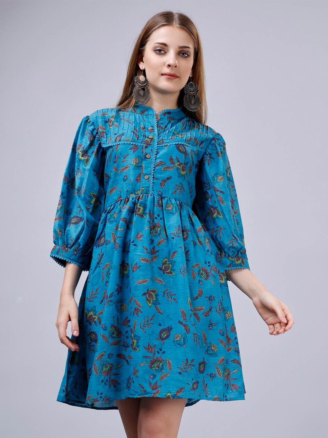 

KALINI Floral Printed Mandarin Collar Puff Sleeves Gathered Pure Cotton A-Line Dress, Teal
