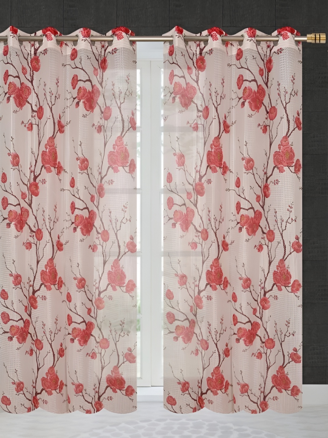 

COMFY HOME Maroon & Violet 2 Pieces Floral Sheer Long Door Curtains
