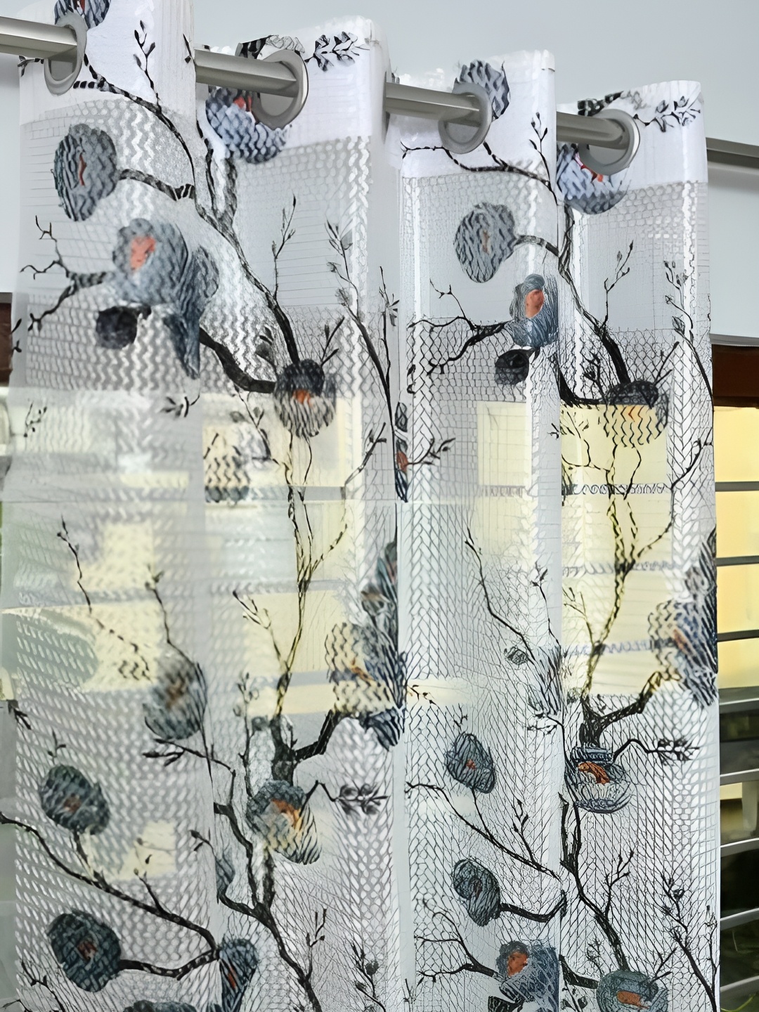 

COMFY HOME Grey & White 2 Pieces Floral Sheer Window Curtains