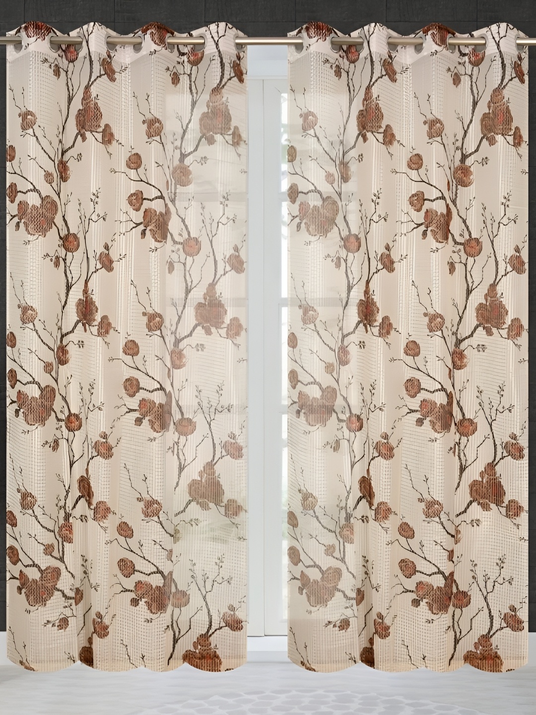 COMFY HOME Brown & Off White 2 Pieces Floral Sheer Long Door Curtains