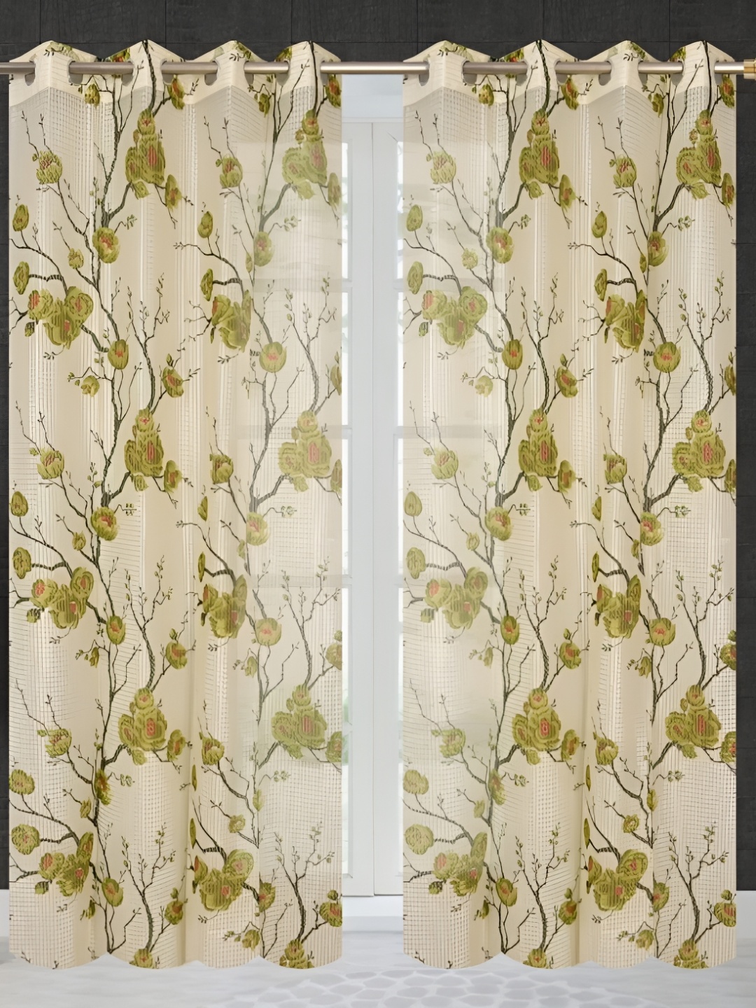 COMFY HOME Green & Off White 2 Pieces Floral Sheer Door Curtains