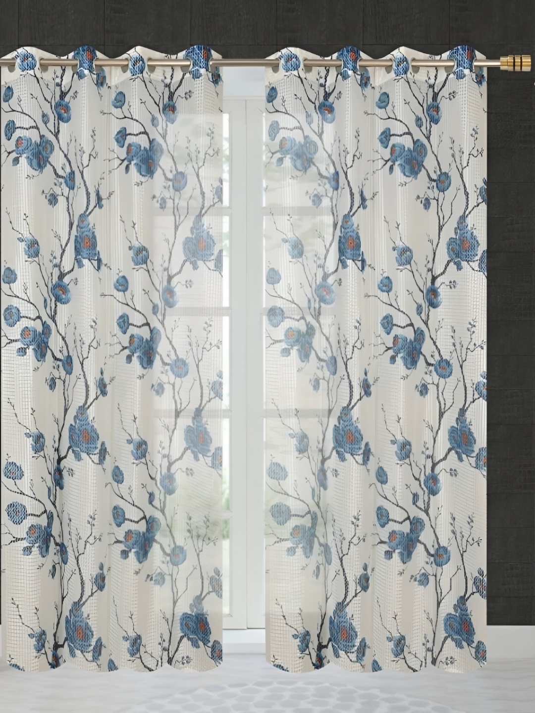 

COMFY HOME Blue & White 2 Pieces Floral Sheer Door Curtains