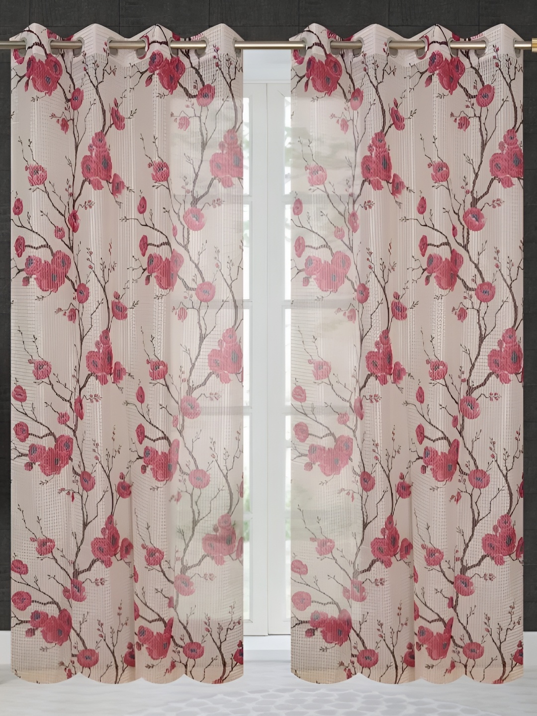 

COMFY HOME Violet & Maroon 2 Pieces Floral Sheer Long Door Curtains