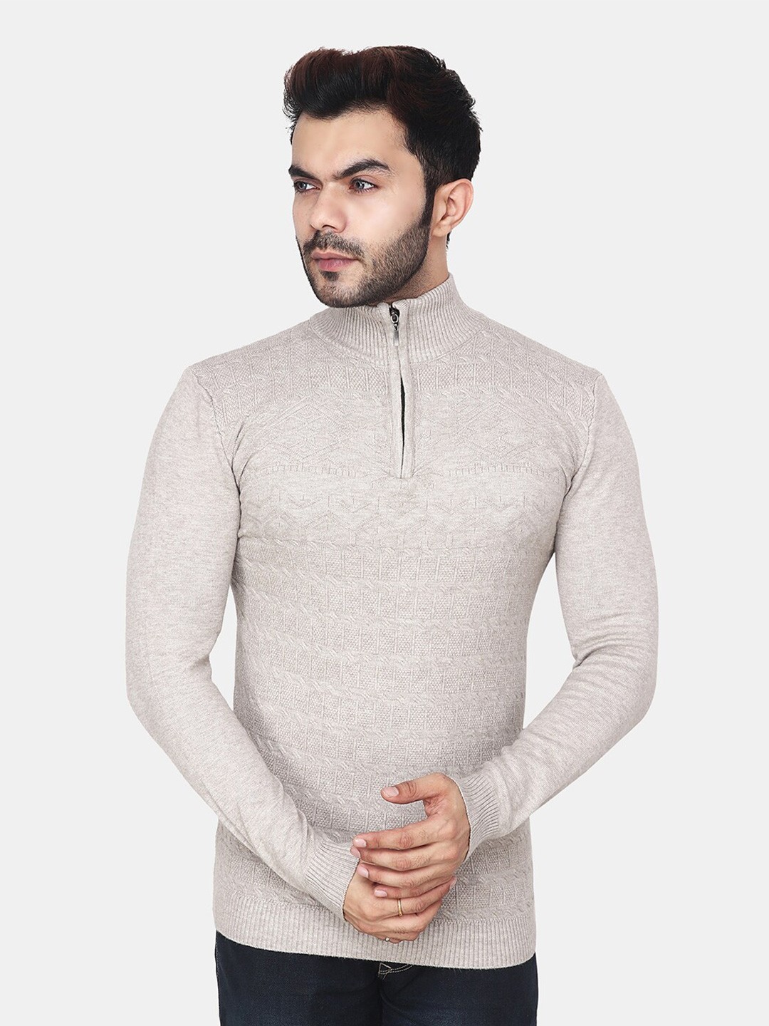 

Steele Self Design Cable Knit Turtle Neck Long Sleeves Zip Detail Cotton Pullover Sweater, Grey