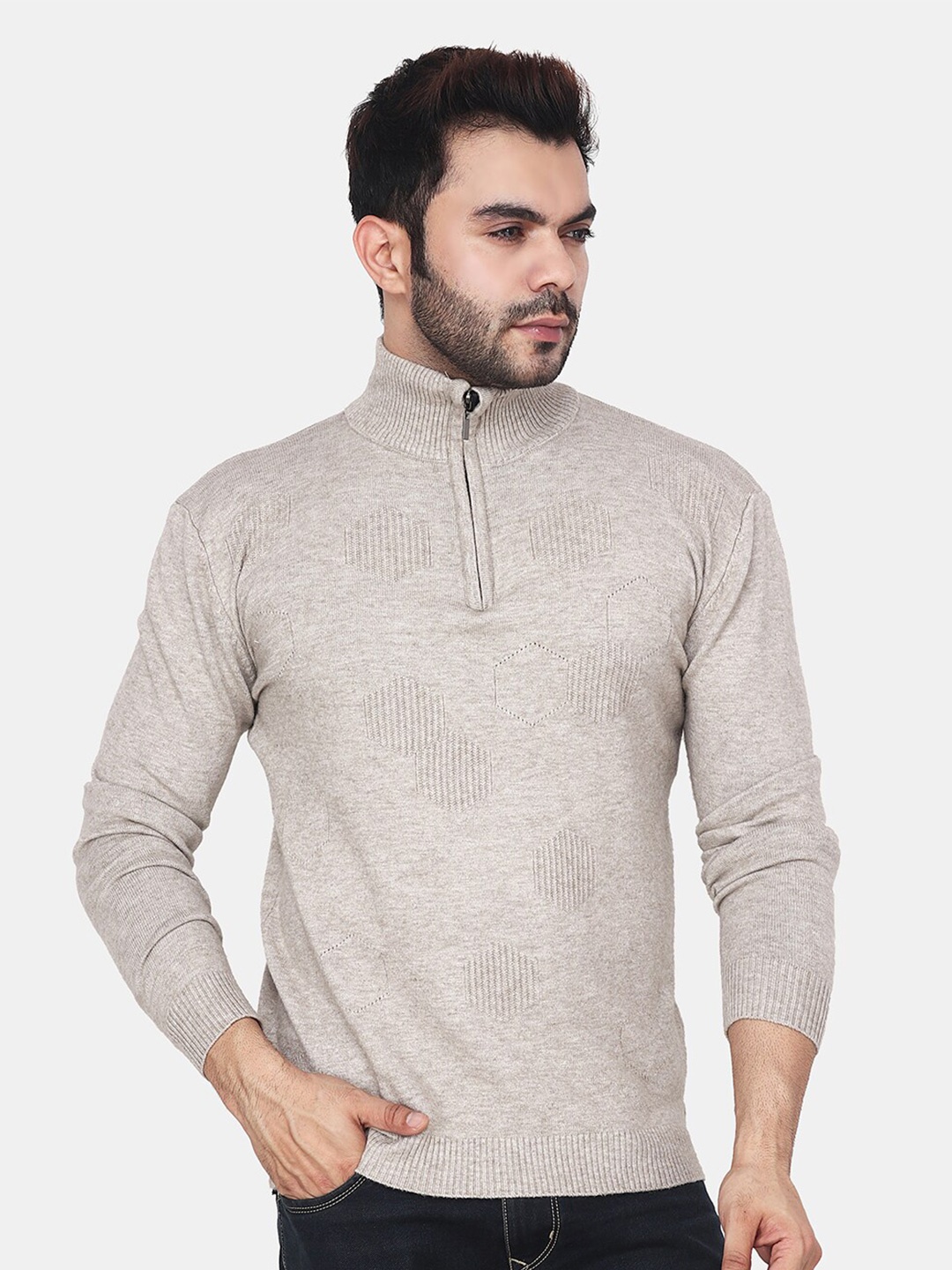 

Steele Self Design Mock Collar Woollen Pullover, Camel brown