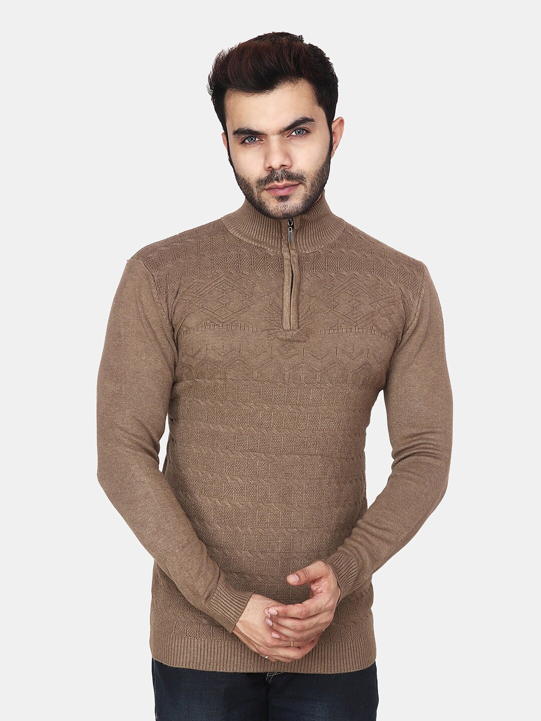 

Steele Self Design Mock Collar Woollen Pullover, Khaki