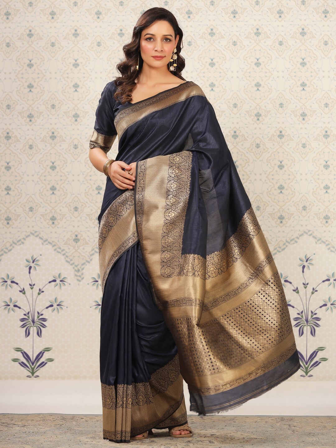 

Ode by House of Pataudi Zari Silk Blend Designer Banarasi Saree, Navy blue