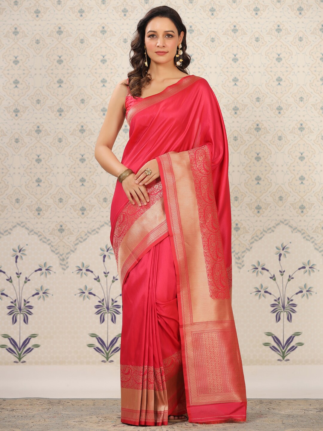 

Ode by House of Pataudi Zari Silk Blend Designer Banarasi Saree, Pink