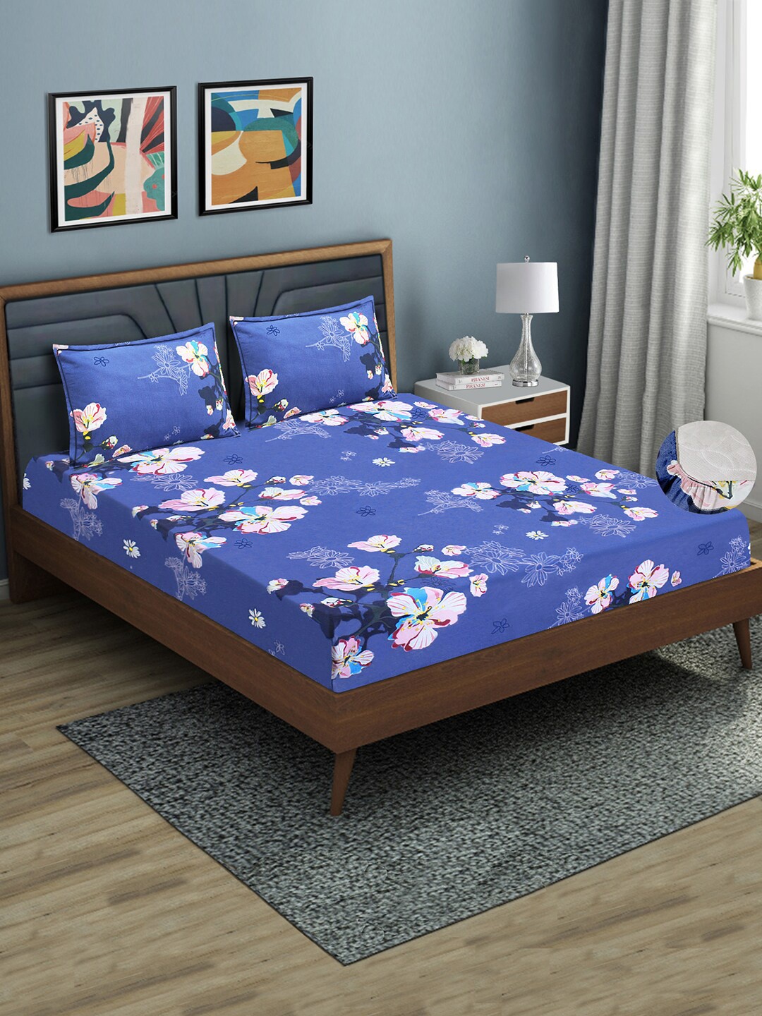 

Aura Floral Printed 144 TC Fitted Queen Bedsheet with 2 Pillow Covers, Blue