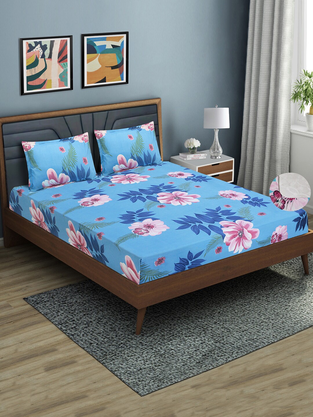 

Aura Blue & Pink Floral Microfiber 144 TC Fitted Queen Bedsheet with 2 Pillow Covers