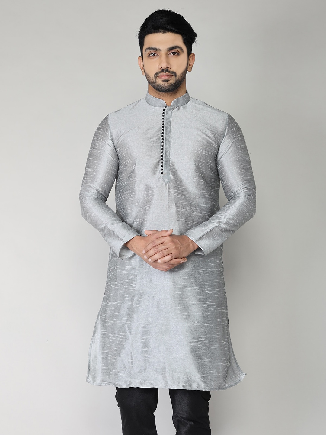 

BAESD Mandarin Collar Straight Regular Cotton Kurta, Silver